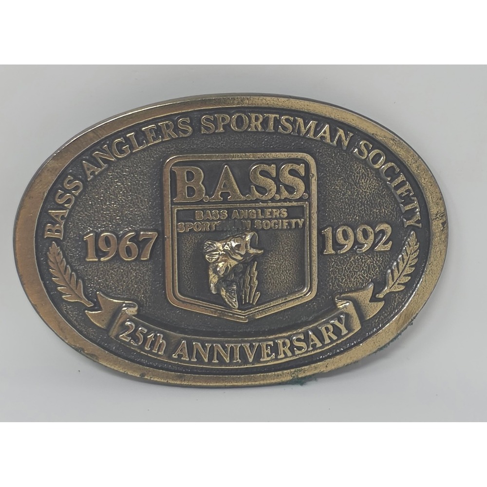 B.A.S.S. Belt Buckle Brass 25th Anniversary Fishing 1967-1992 Vintage